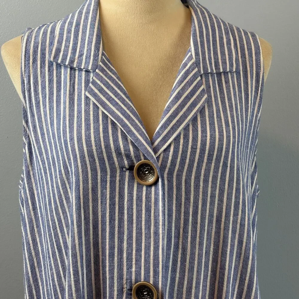 ForCynthia Striped Sleeveless Shirt Button Up Dress Linen Blend Ruched Pocket LG - Picture 3 of 10